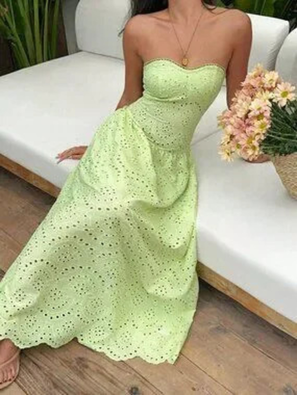 ZARA Lime Green Casual Women's Jacquard Hollow-Out Dress,
